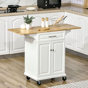 Îlot de cuisine polyvalent en bois naturel avec dessus rabattable, chariot de service blanc sur roulettes, tiroir, armoire et porte-serviettes, facile à utiliser - Product Image 2