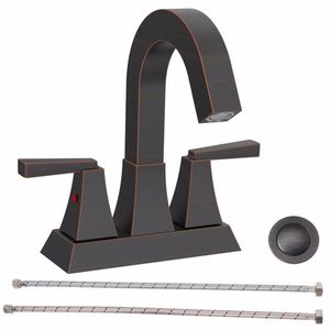 Grifo de lavabo de baño de bronce envejecido con 2 manijas, entre eje de 4 pulgadas, con mezclador y orificio de desagüe con rebosadero - Product Image 1