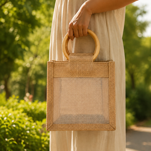 Premium Natural Jute Tote <b>Bag</b> with Wooden Round Handles Transparent Panel Reusable Eco Friendly Shopping Gift ToteEveryday <b>Beach</b> - Product Image 3