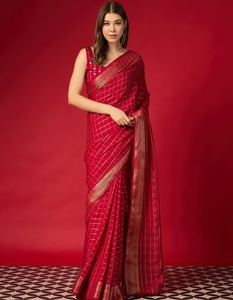 KV <b>Red</b> Silk Woven Checks Saree With Unstitched <b>Blouse</b> - Product Image 1