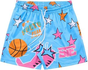 Pantalones cortos de baloncesto azules con estampado de estrellas y pelota, cierre con cordón, tela de malla, ropa deportiva unisex de verano - Product Image 6