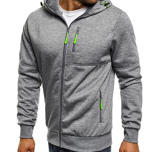 Sweat-shirt à capuche zippé gris pour homme, couleur unie, en molleton respirant, décontracté, pour l'automne - Product Image 1