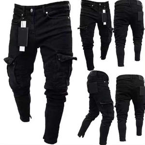 Jeans de Motociclista Negros para Hombre, Cintura Alta, Múltiples Bolsillos, Lavado Desgastado, Algodón y Lona, Corte Recto, para Otoño - Product Image 3