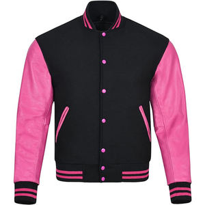 Chaqueta Varsity Negra y Rosa para Hombre, Mangas de Cuero PU, Cuello Alto, Cierre de Botones, Ropa Casual de Otoño - Product Image 1