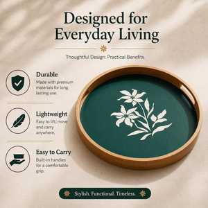 Plateau de rangement rond en bois fait main avec gravure florale, surface verte, style minimaliste, pour table, provenance Inde - Product Image 3