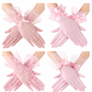 Gants en dentelle rose avec nœud, faits main, de haute qualité, élégants, décontractés, accessoires pour fêtes en plein air, à porter au printemps et en été - Product Image 1