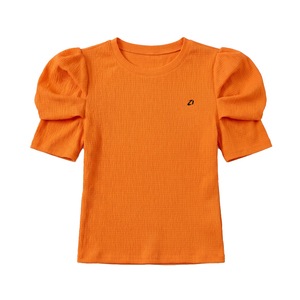 Camisas de mujer con mangas abullonadas personalizadas, top texturizado acanalado de moda, blusa de algodón con cuello redondo y manga corta plisada tipo 'leg of mutton'. - Product Image 3
