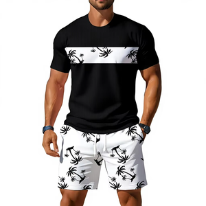 Men's Summer Casual Sportswear <b>Set</b> Featuring Breathable Crew Neck T-Shirt Shorts Eco-Friendly <b>Knitted</b> 220g 100% Polyester <b>Set</b> - Product Image 1