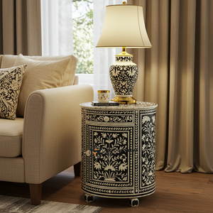 Luxury Modern Black Chevron Bone Inlay <b>Side</b> <b>Table</b> Handcrafted Round Wooden <b>Drum</b> Accent <b>Table</b> Bedroom Furniture - Product Image 5