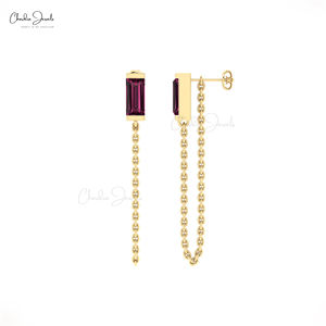 Dernières boucles d'oreilles chaîne délicate rhodolite or 14 carats ensemble demi-lunette 6x3mm pierres précieuses taille baguette longues boucles d'oreilles sans quantité minimale de commande - Product Image 1