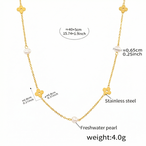 תכשיטי תליון תלתן מפלדת אל-חלד, זהב 18 קראט, פנינה מתוקת מים לנשים, סט שרשרת וצמיד תלתן ארבעה עלים למזל טוב - Product Image 2