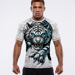 <b>Men's</b> Short Sleeve Rash Guard With Tiger Print Quick Dry Polyester Sport <b>Shirt</b> <b>Compression</b> Top Front Logo Design - Product Image 1