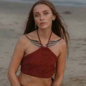 New Arrival <b>Maroon</b> Lace Halter Neck Crop <b>Top</b> Boho Chic Sleeveless Backless Cotton Bralette for Festival Beach and Summer Wear - Product Image 1