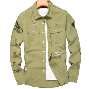 Chemise en jean déchirée et vieillie pour homme, manches longues, boutonnée, style décontracté vintage, en coton, coupe classique - Product Image 2