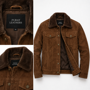 Men's Winter Brown <b>Suede</b> Shearling Trucker <b>Jacket</b> Zipper Closure Windproof Breathable Quick Dry Eco-Friendly Anti-Bacterial 100% - Product Image 1