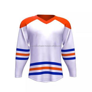 Camiseta de Hockey Blanca, Naranja y Azul, Personalizable por Sublimación, Uniforme de Equipo, Cuello en V, Manga Larga, Diseño Clásico a Rayas, Ropa Deportiva - Product Image 1