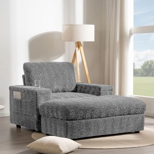 Chaise longue da interno extra large da 42 pollici con divano letto in finta pelliccia di coniglio, poggiapiedi contenitore, braccioli e portabicchieri imbottiti SL - Product Image 6
