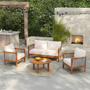 Ensemble de salon de jardin moderne en teck et corde avec coussins et table basse - Product Image 1
