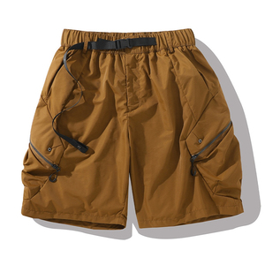 Shorts cargo noirs pour hommes, taille élastique, séchage rapide, fermetures éclair, style décontracté, longueur bermuda, couleur unie, tissu tissé - Product Image 3