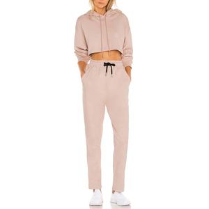 Customization Women Two Piece <b>Tracksuit</b> Pullover <b>Pink</b> Cotton Cropped Hoodie And Jogger Pants Good Quality Fabric Woman <b>Tracksuit</b> - Product Image 1