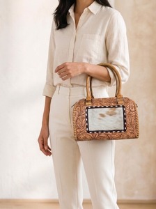 Hand <b>Tooled</b> Cowhide <b>Leather</b> Duffel Bag with Floral Pattern Polyester Lining and Zipper Closure for Women Travel Weekender - Product Image 5