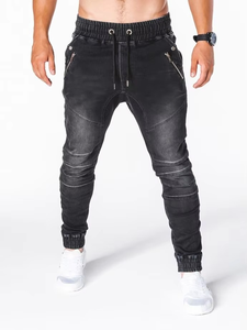 Men's Breathable Solid Mid Waist Summer Knitted Washed Denim Fabric Casual Sweatpants Drawstring Jeans - Product Image 1