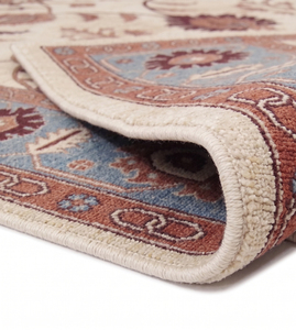 DECORDEC Tapis Oushak Moderne en Laine Écologique, Tufté à la Main, Bleu Ivoire Rouille, Motif Géométrique Botanique, Bordure Palmette et Vigne - Product Image 6