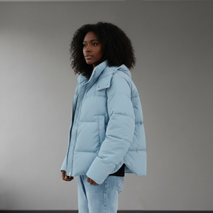 Light Blue Quilted Puffer <b>Jacket</b> <b>Women</b> Stand Collar Flame Logo Zipper <b>Winter</b> Thick <b>Warm</b> Coat Wholesale Rate OEM Custom Design - Product Image 5