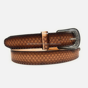 Export Quality Western Leather <b>Tooling</b> Belt for Men Hand Carving & Hand Painting Basket Embossed <b>Tooled</b> Leather Cowboy Belt - Product Image 6
