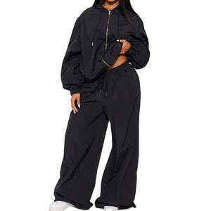 Ensemble de survêtement en twill confortable et de haute qualité pour femmes / Prix de gros, survêtement deux pièces noir surdimensionné pour femmes, finition lisse, 2026 - Product Image 1