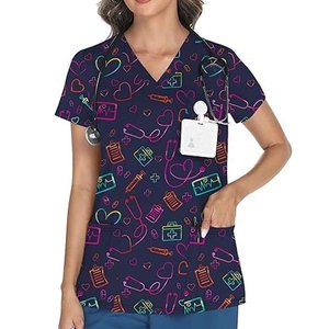 Women's Abstract Print <b>Scrub</b> <b>Top</b> Short Sleeve V-Neck Polyester Woven Hospital Uniform Blouse - Product Image 5