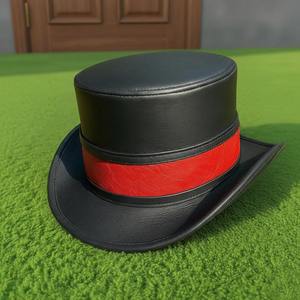 Sombrero de copa de cuero negro hecho a mano de alta calidad con banda roja en contraste - Sombrero victoriano steampunk artesanal - Product Image 1