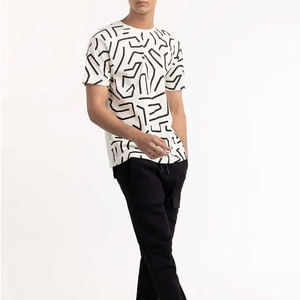 Camiseta para hombre con estampado abstracto, blanca y negra, con patrón geométrico, manga corta, transpirable, de algodón, con logo personalizado, ropa casual, suministro al por mayor. - Product Image 2
