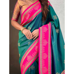 Elite Weaves Green Soft <b>Silk</b> Traditional Zari Contrast Woven Saree Elegant Scarf and <b>Shawl</b> 650g - Product Image 1