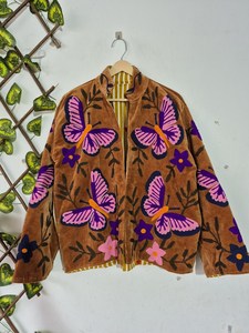 Fabulosa Chaqueta Corta de Terciopelo con Bordado de Mariposas, Estilo Duster, para Invierno, con Cuello Suzani, Abrigo Corto Cálido para Primavera y Fiestas - Product Image 1