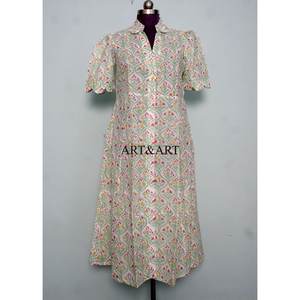 Robe longue trapèze en pur coton pour femme, imprimée à la main motif floral, style décontracté et élégant, idéale pour le quotidien et les fêtes, lavable, coupe simple et confortable. - Product Image 1