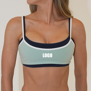 Soutien-gorge de sport pour femme, crème et bleu marine, à bretelles spaghetti, col rond, avec bordure contrastante, sans couture, respirant, maintien moyen - Product Image 6