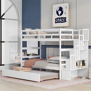 Letti a castello bianchi con due letti singoli, letto estraibile e funzione di contenimento sotto la scala per bambini - Product Image 1