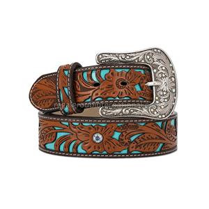 Cinturón de Cuero Marrón de Lujo Hecho a Mano con Diseño Floral Turquesa y Hebilla Plateada Grabada, Estilo Occidental - Product Image 1