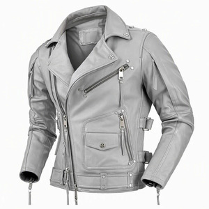 Veste de motard en cuir PU gris pour homme, col rabattu, fermeture éclair, coupe ajustée, manches classiques, style automne - Product Image 1