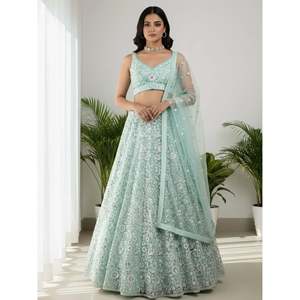 Sparkling <b>Green</b> Sequin Embroidered <b>Net</b> Reception Lehenga Choli - Product Image 1