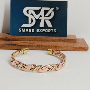 Premium Metal Craft Magnetic Copper Cuff <b>Bangle</b> Twisted Link Chain Two Tone Design Adjustable Open Bracelet - Product Image 1