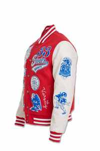 Red Men's Varsity <b>Jacket</b> with Patchwork Design and Applique Embroidery Preppy Style Turn-down Collar Regular Fit - Product Image 4