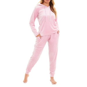 Women Pink Hooded <b>Tracksuit</b> Set Full Length Pants Side Pockets Casual Fleece Material Winter Wear - Product Image 3