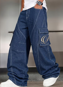 Jean large taille haute pour homme Hardihood International, coupe ample en denim avec poche brodée et motif cachemire - Product Image 3