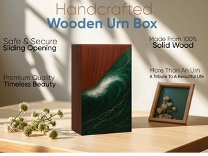 Handcrafted Resin & Walnut Wood Cremation Urn Artistic Wave Design for human medium size 9x5.5 urn <b>box</b> - Product Image 3