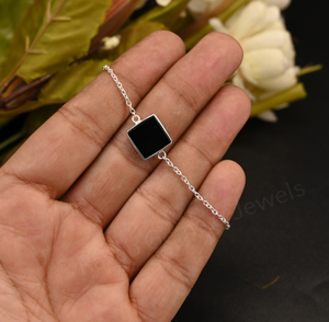 Best Selling 925 Silver Chain Black Onyx <b>Gemstone</b> 12mm Square Shape Bezel Setting Rhodium Plated Minimalist <b>Bracelet</b> For Women's - Product Image 1