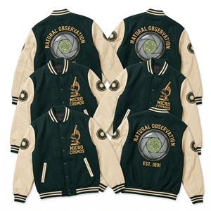 Chaqueta Varsity al por mayor, azul marino, cuerpo de lana, mangas de cuero crema, termómetro de Galileo de precisión para ciencia experimental, bordado. - Product Image 3