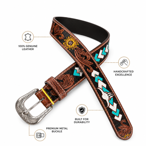 Premium Hand <b>Tooled</b> Western Leather <b>Belt</b> for Men Decorative Inlay Design with Metal Buckle - Product Image 2