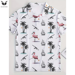 เสื้อโปโลแขนสั้นพิมพ์ลายฟลามิงโกและต้นไม้สำหรับผู้ชาย สำหรับฤดูร้อน กีฬากลางแจ้ง เสื้อโปโลพิมพ์ลายสำหรับผู้ชาย - Product Image 4
